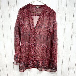 Converse Top Women Size Medium Red Geometric Sheer Long Sleeve Button Close